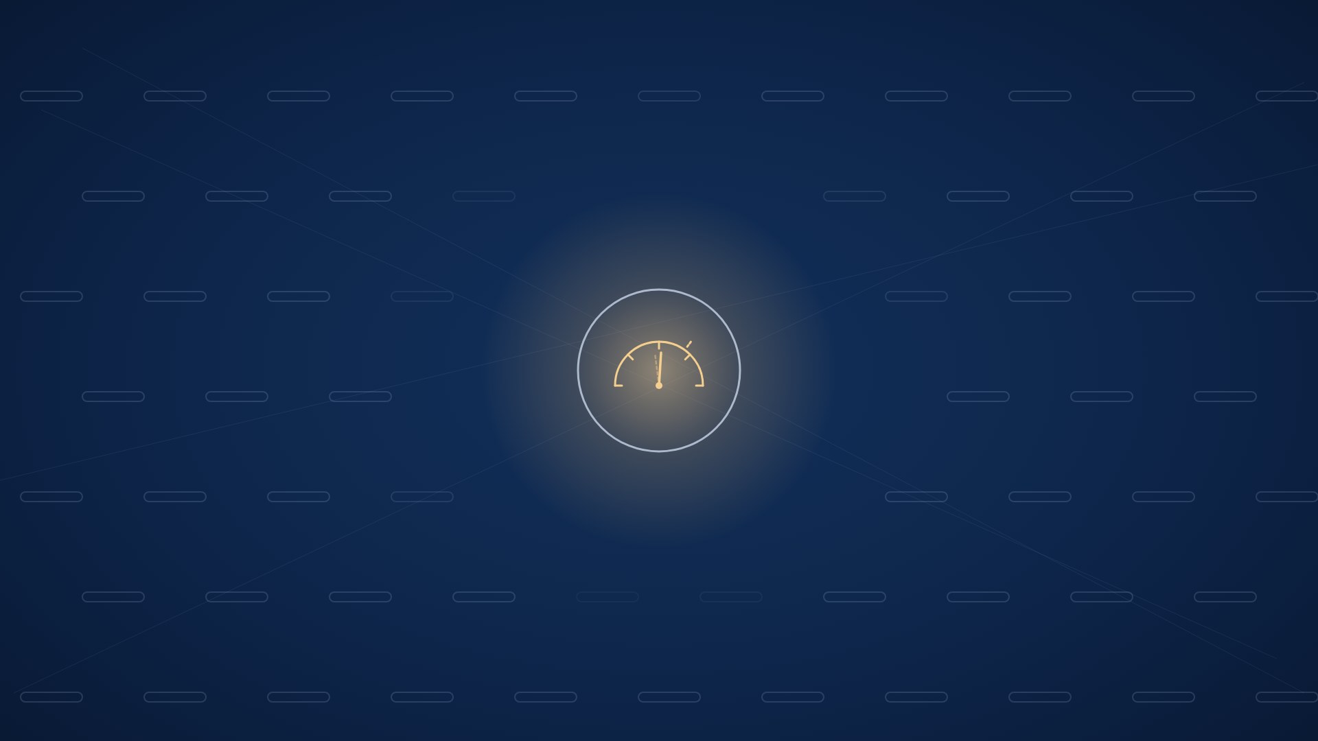 A single glowing gauge with its needle resting just past the middle, inside a ring, above a dark field of identical dashed lines